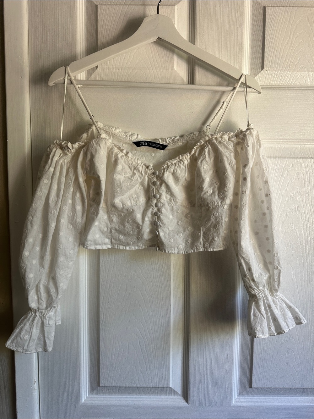 Zara Cream Swiss Dot Off-Shoulder Button-Front Crop Top